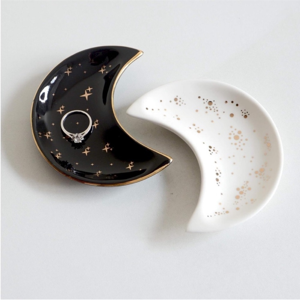 Astrology Star Black Gold Moon Jewelry Trinket Ring Dish Ceramic Glass Holder - Picture 4 of 8